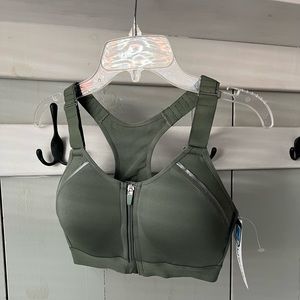 Olive green front zip sports bra